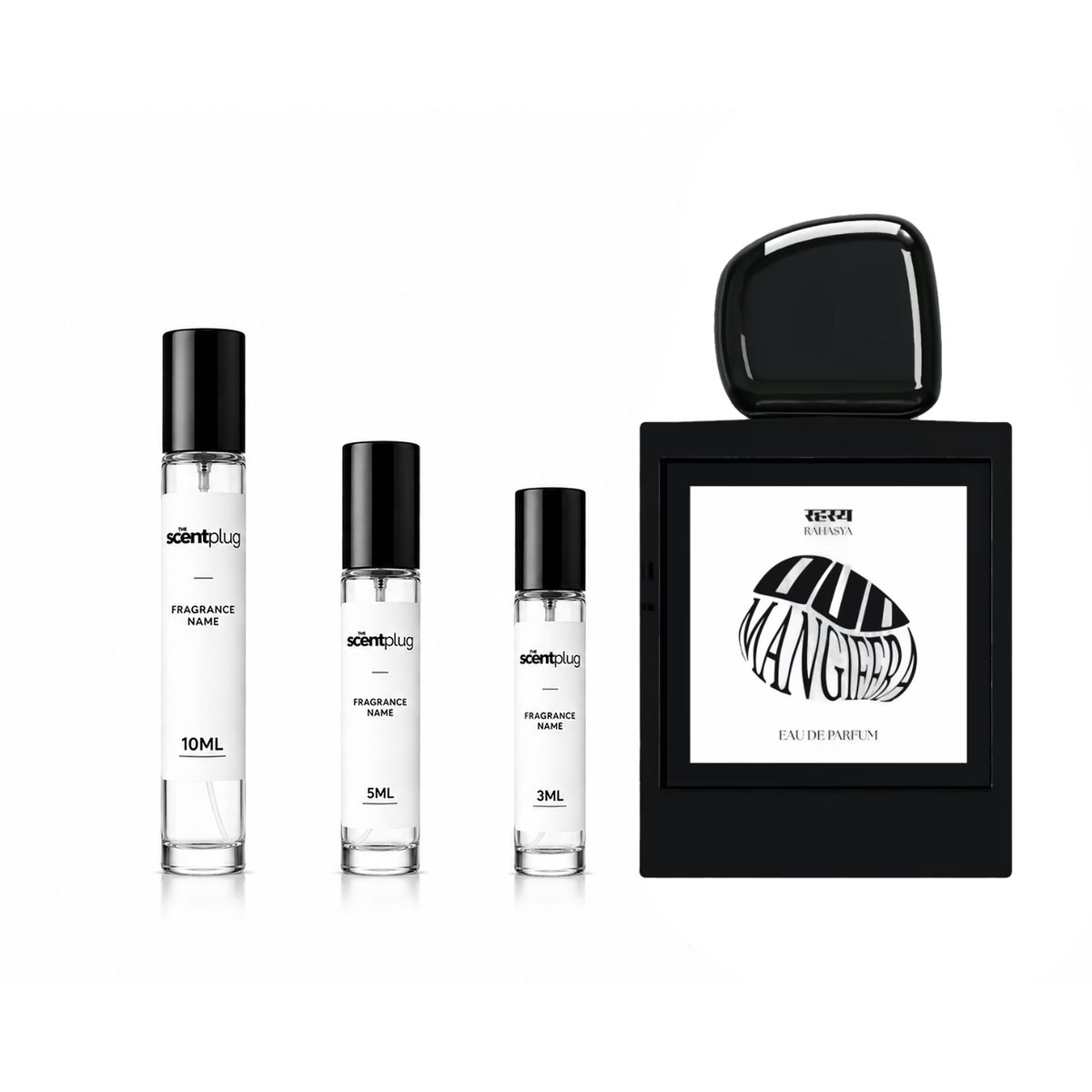 Sample of Oud Mangifera Rahasya decant by The Scent Plug, showcasing the elegant bottle and rich fragrance details.