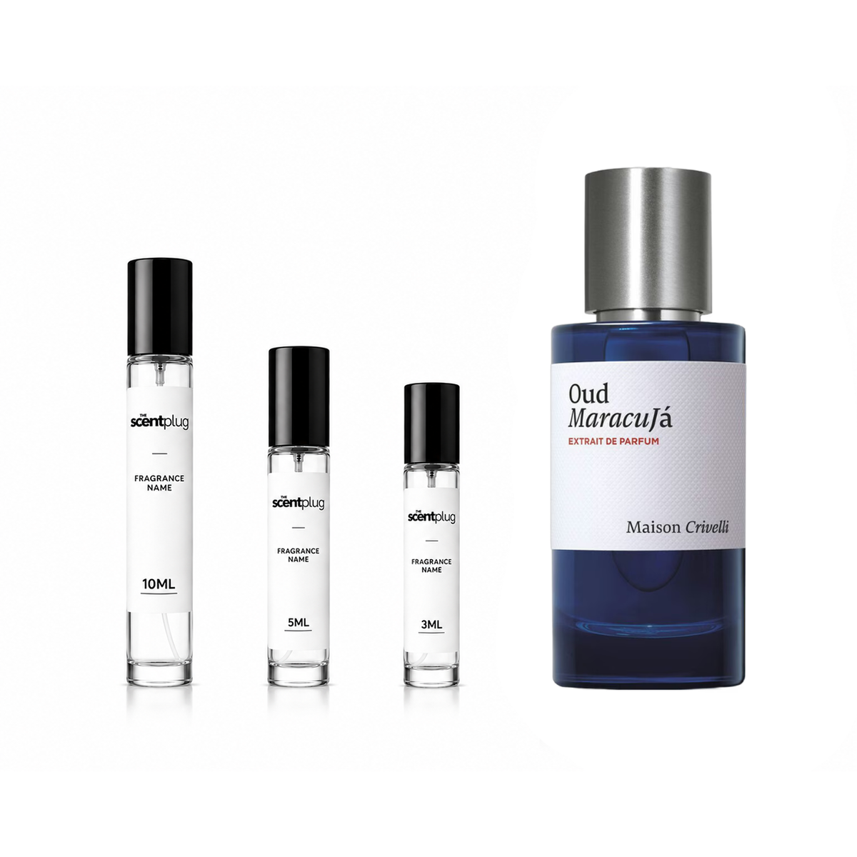 Sample of Oud Maracujá Maison Crivelli perfume decant by The Scent Plug, showing the perfume bottle with floral and exotic design.