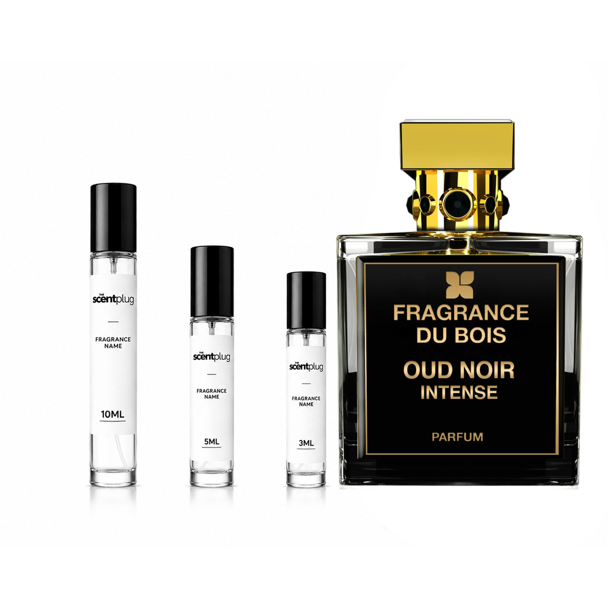 Sample of Oud Noir Intense fragrance by Du Bois, displayed in a sleek bottle with dark, rich scent notes from The Scent Plug.