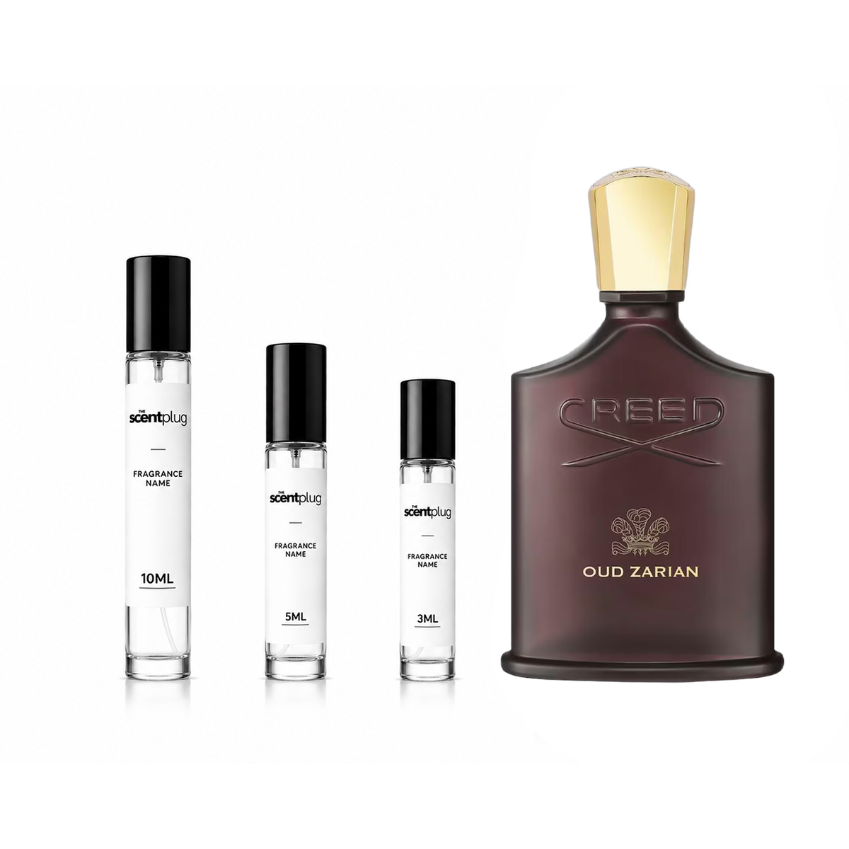 Sample of Oud Zarian Creed decant by The Scent Plug, showcasing the small fragrance vial with elegant packaging.