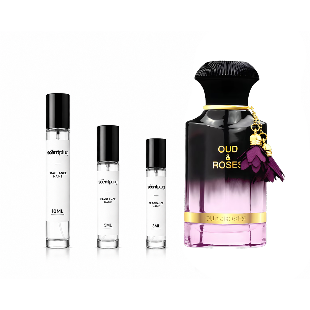 Sample of Oud & Roses by Ahmed Al Maghribi, a luxurious perfume decant from The Scent Plug featuring floral and woody notes.