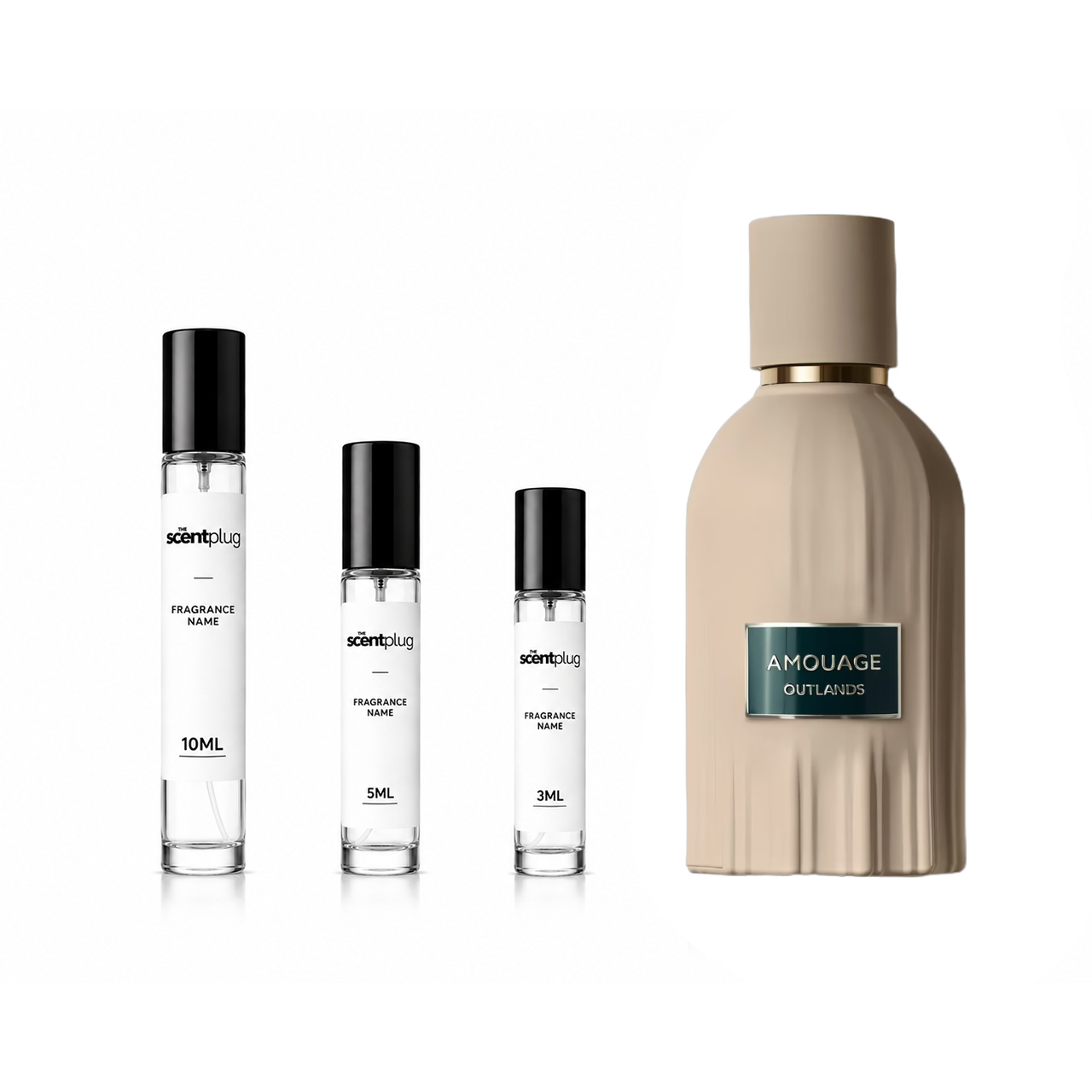 Outlands Amouage decant sample in a small glass vial, showcasing the luxurious perfume scent from The Scent Plug.