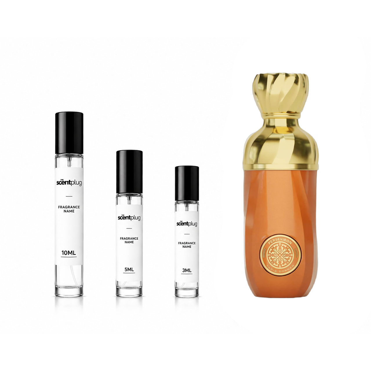 Sample decant of Perseviron Paris Corner perfume by The Scent Plug in a clear glass container with a black cap.