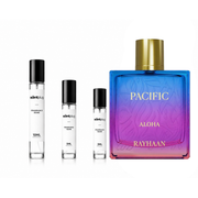 Pacific Aloha Rayhaan decant sample from The Scent Plug, featuring a clear bottle with a black cap and minimalist label.