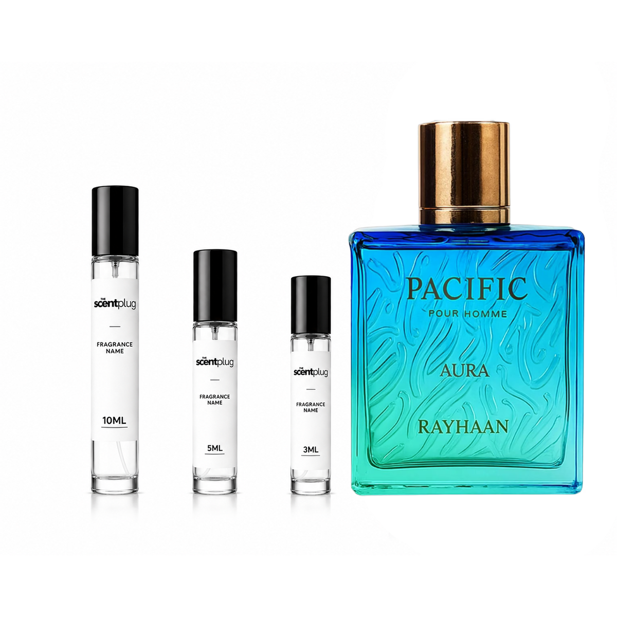 Sample of Pacific Aura Rayhaan perfume decant by The Scent Plug, showcasing the fragrance bottle with elegant design.