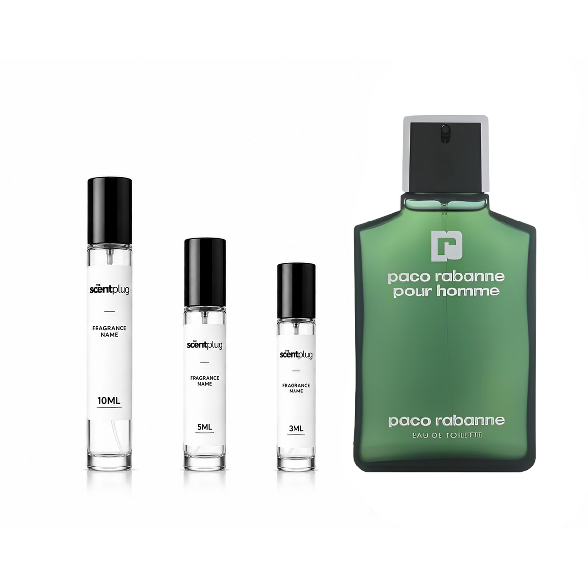 Sample of Paco Rabanne Pour Homme cologne by The Scent Plug, featuring the classic fragrance bottle with sleek design.