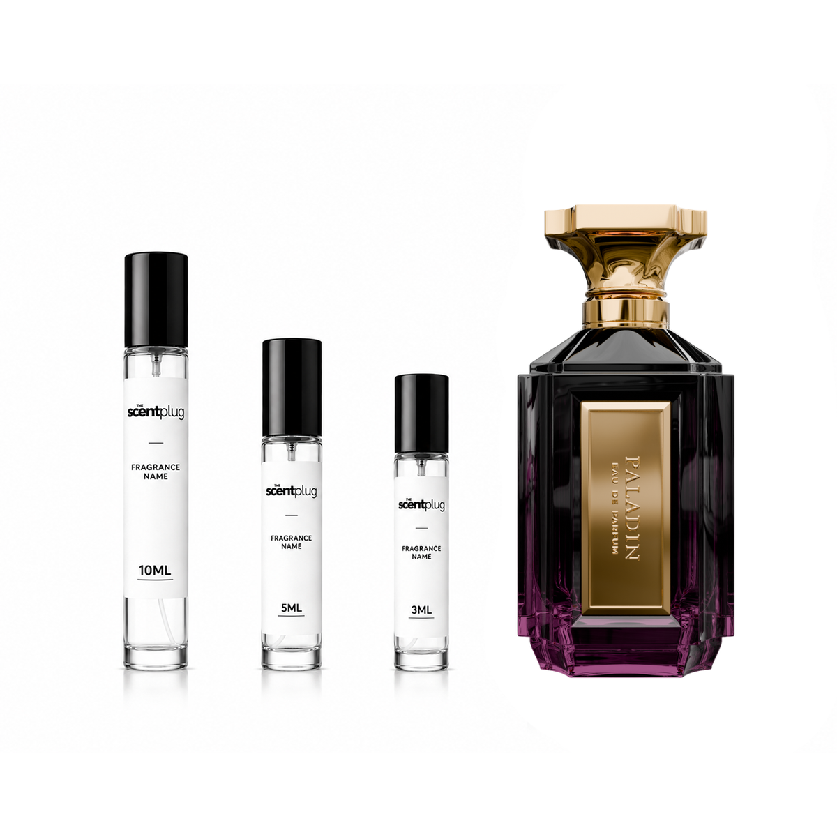 Paladin Velixir Decant sample bottle by The Scent Plug, clear glass container with a black cap and label.