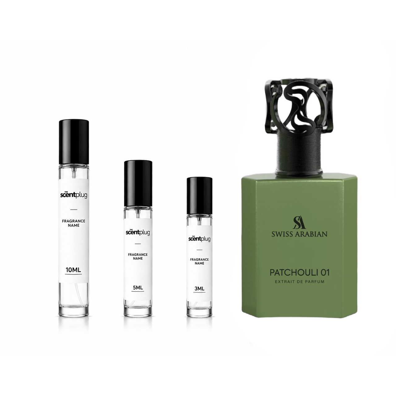 Sample bottle of Patchouli 01 Swiss Arabian perfume decant by The Scent Plug, featuring a clear glass container with a black cap.