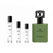 Sample bottle of Patchouli 01 Swiss Arabian perfume decant by The Scent Plug, featuring a clear glass container with a black cap.