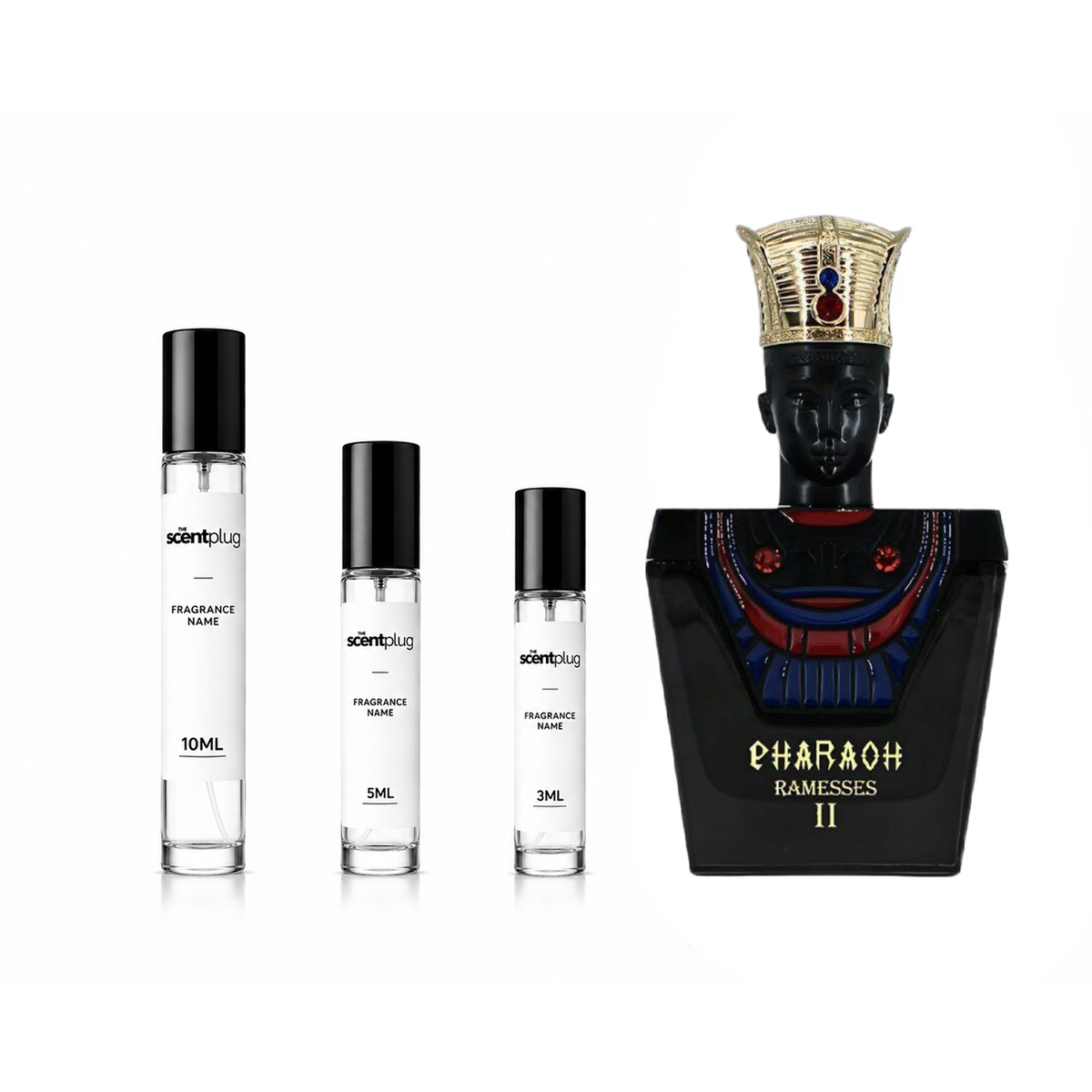 Decant of Pharaoh Ramesses II Bharara perfume by The Scent Plug, featuring a decorative bottle with intricate Egyptian-inspired design.