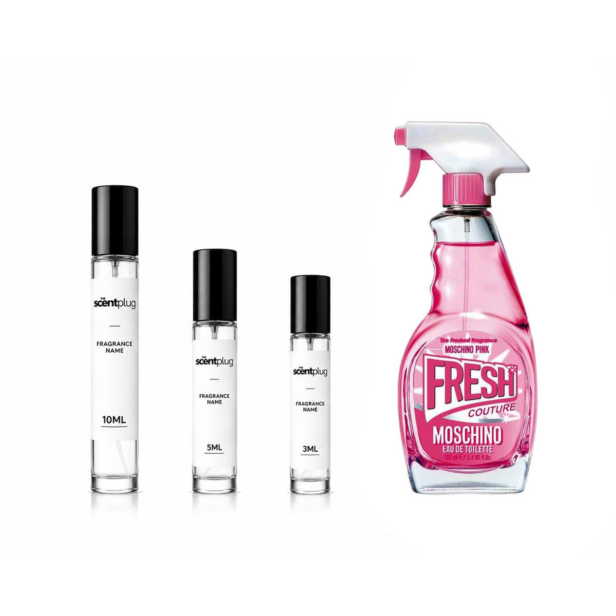 Pink Fresh Couture Moschino decant sample bottle by The Scent Plug, showcasing the pink perfume container with branding details.