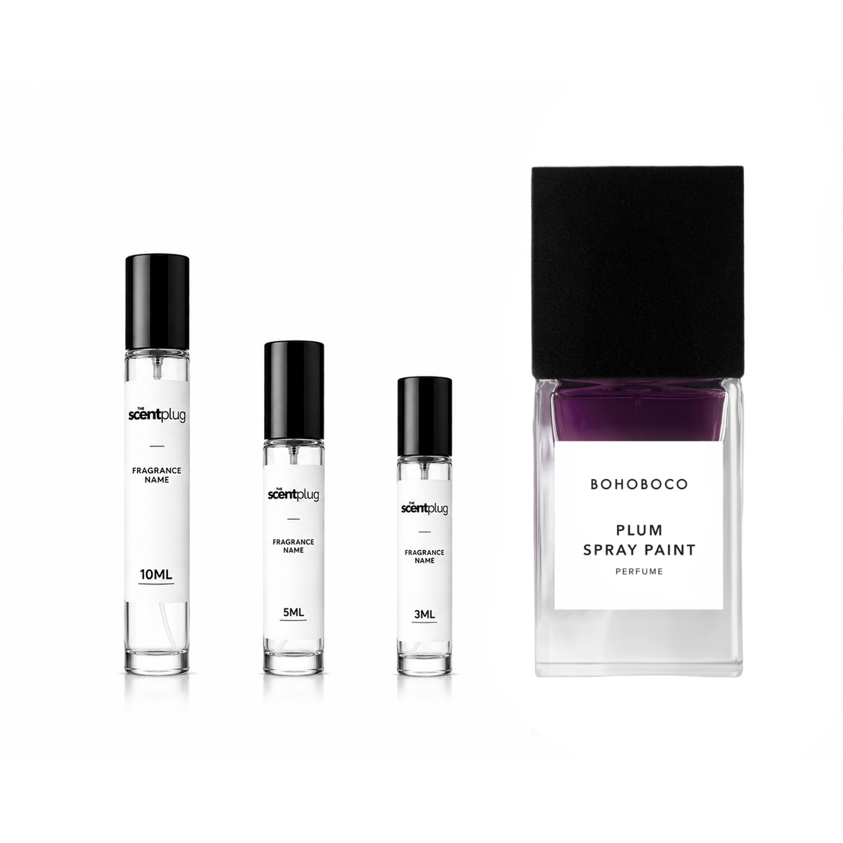 Sample of Plum Spray Paint by Bohoboco Decant, showcasing the vibrant purple spray paint product for fragrance or design use.