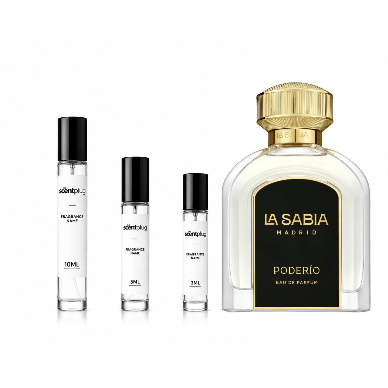 Decant of Poderío La Sabia fragrance by The Scent Plug, featuring elegant packaging with the perfume bottle visible.