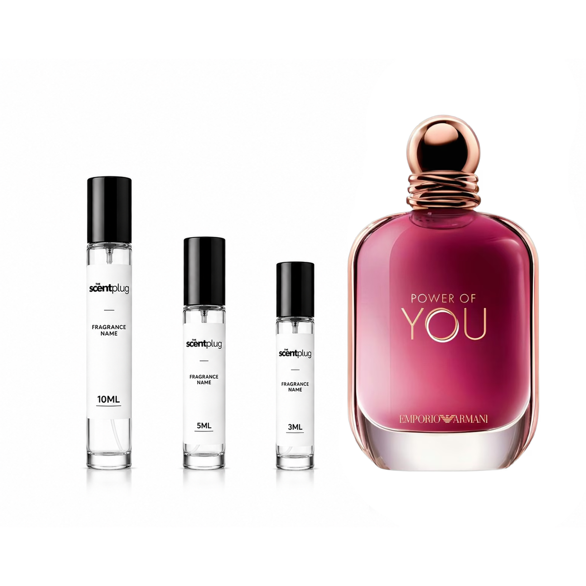 Sample of Power Of You Giorgio Armani fragrance by The Scent Plug, showcasing the decant bottle with sleek design.