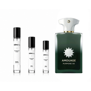 Purpose 50 Amouage decant sample from The Scent Plug, showcasing a small glass bottle with a white label for fragrance testing.