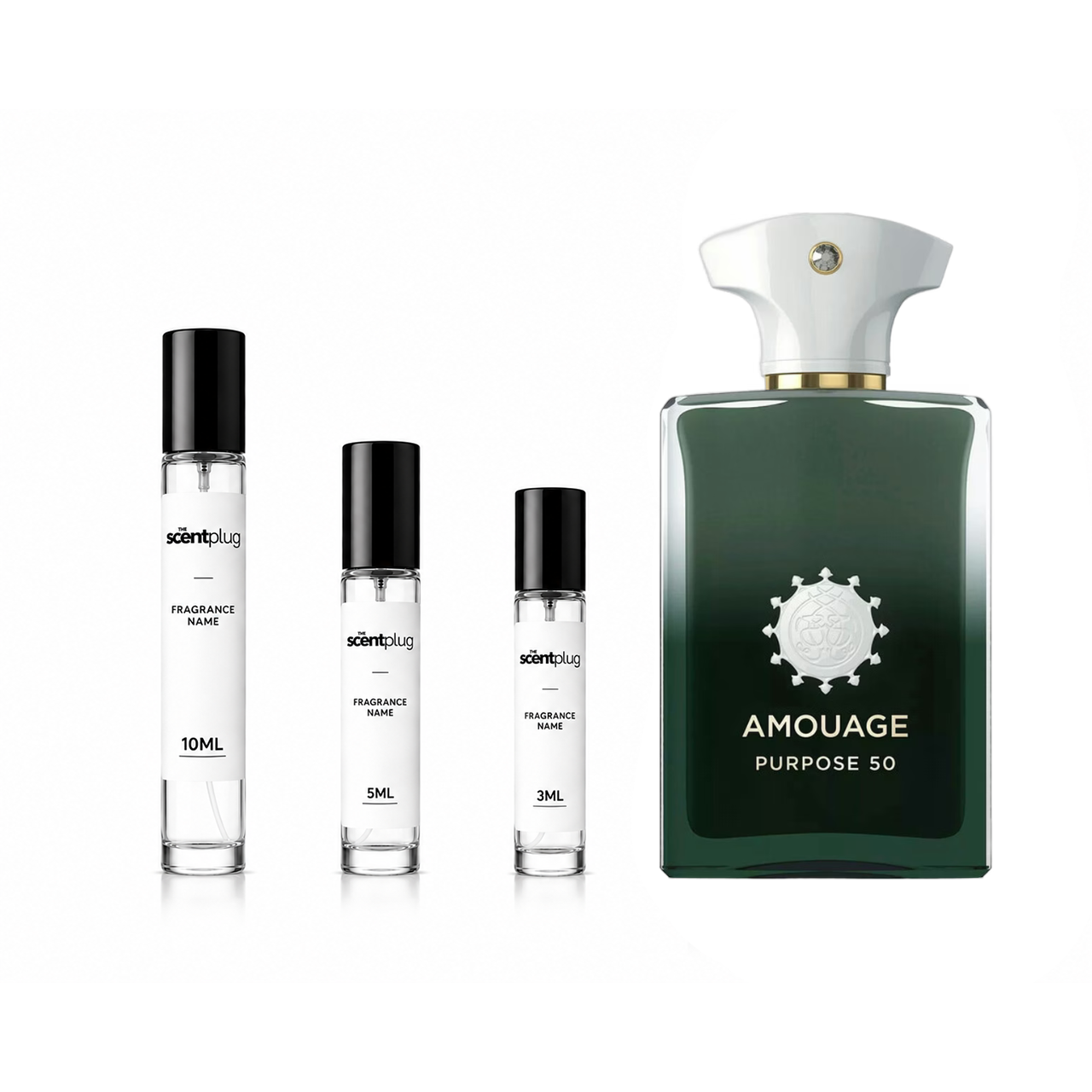Purpose 50 Amouage decant sample from The Scent Plug, showcasing a small glass bottle with a white label for fragrance testing.
