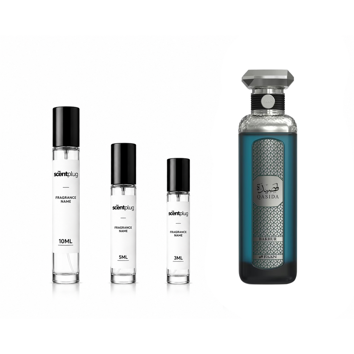 Sample of Qasida Bakhour FAAN decant by The Scent Plug, showcasing the fragrance bottle with intricate design details.