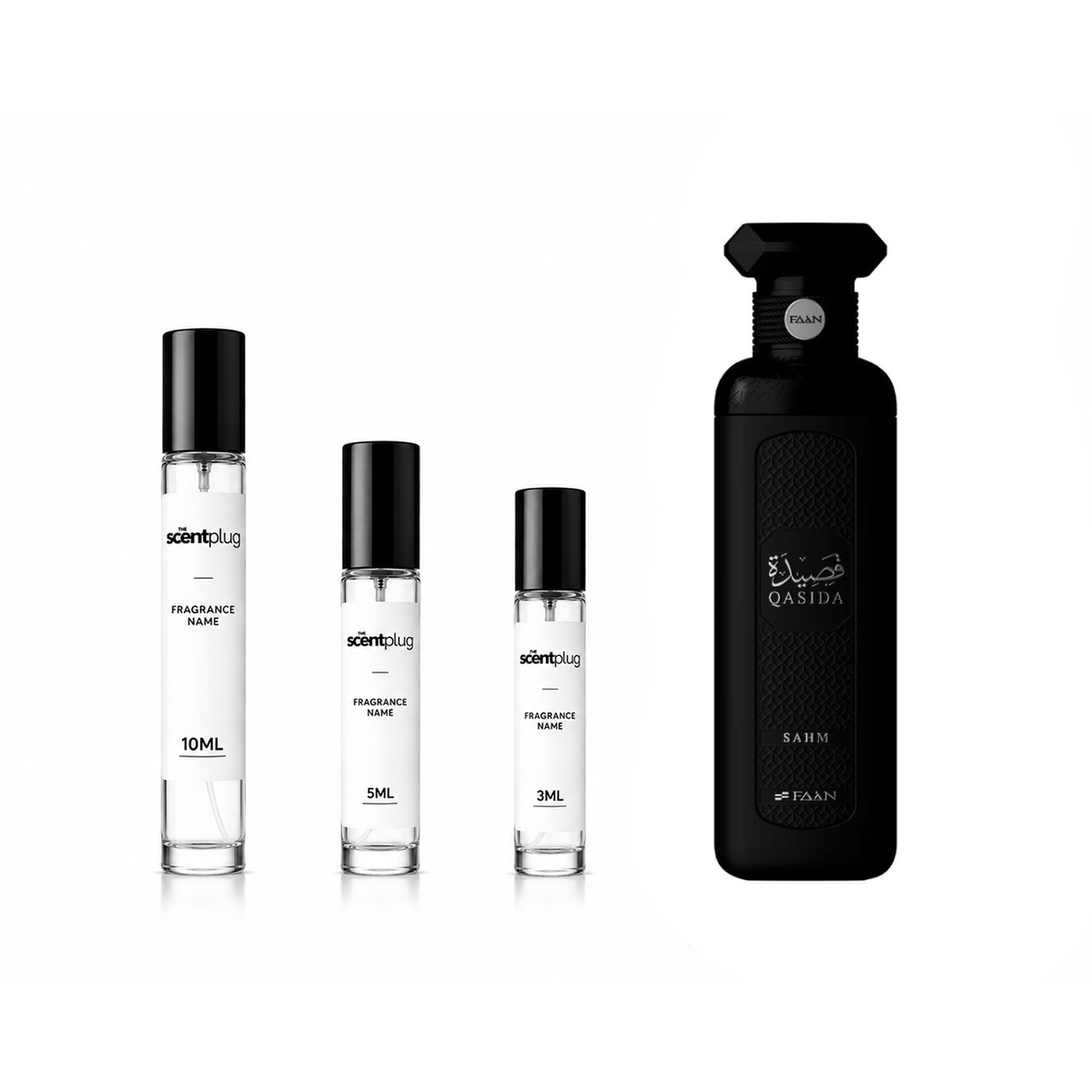 Sample of Qasida Sahm FAAN perfume decant by The Scent Plug, showing the small fragrance bottle with label.