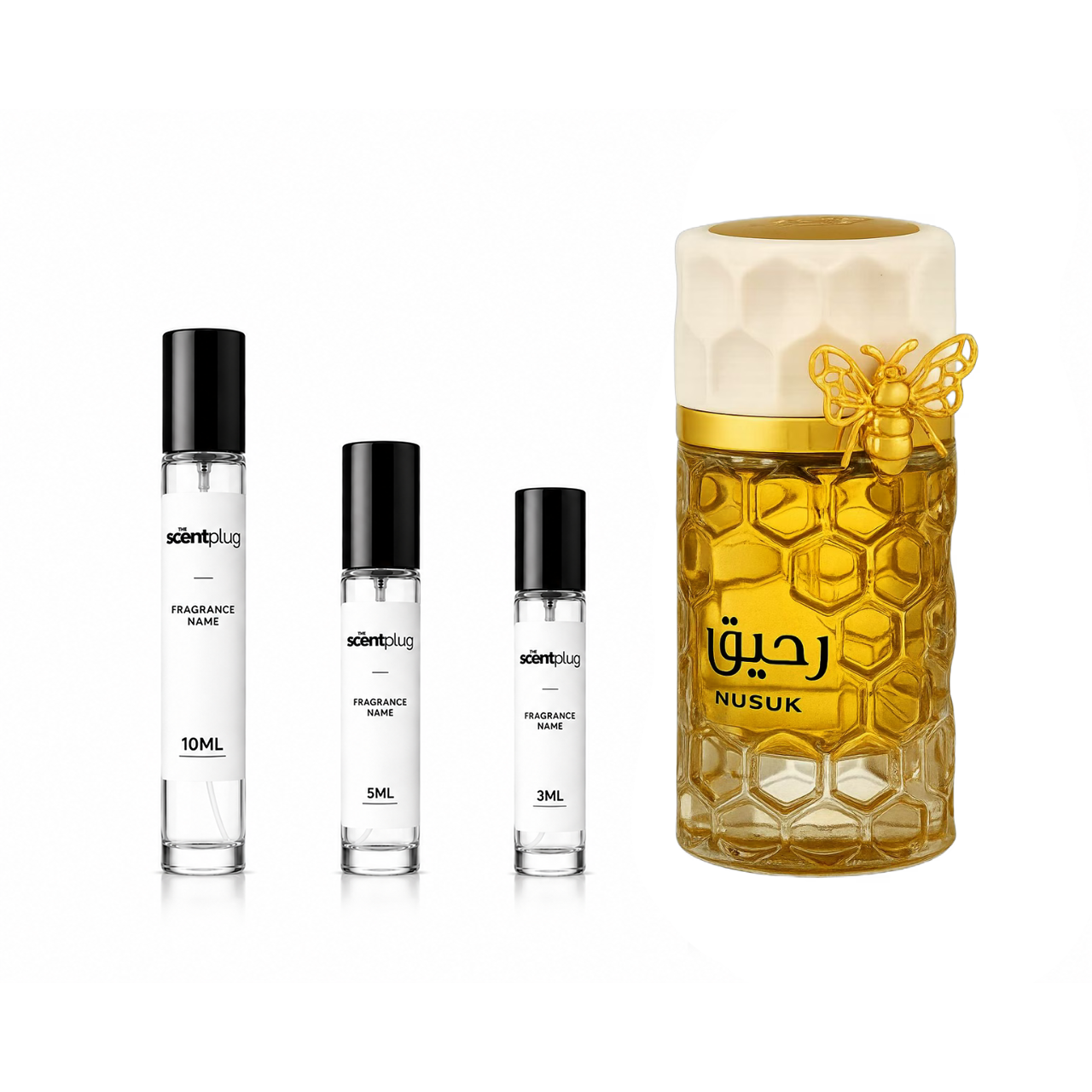 Raheeq Nusuk perfume sample by The Scent Plug, featuring a sleek decant bottle with elegant design.