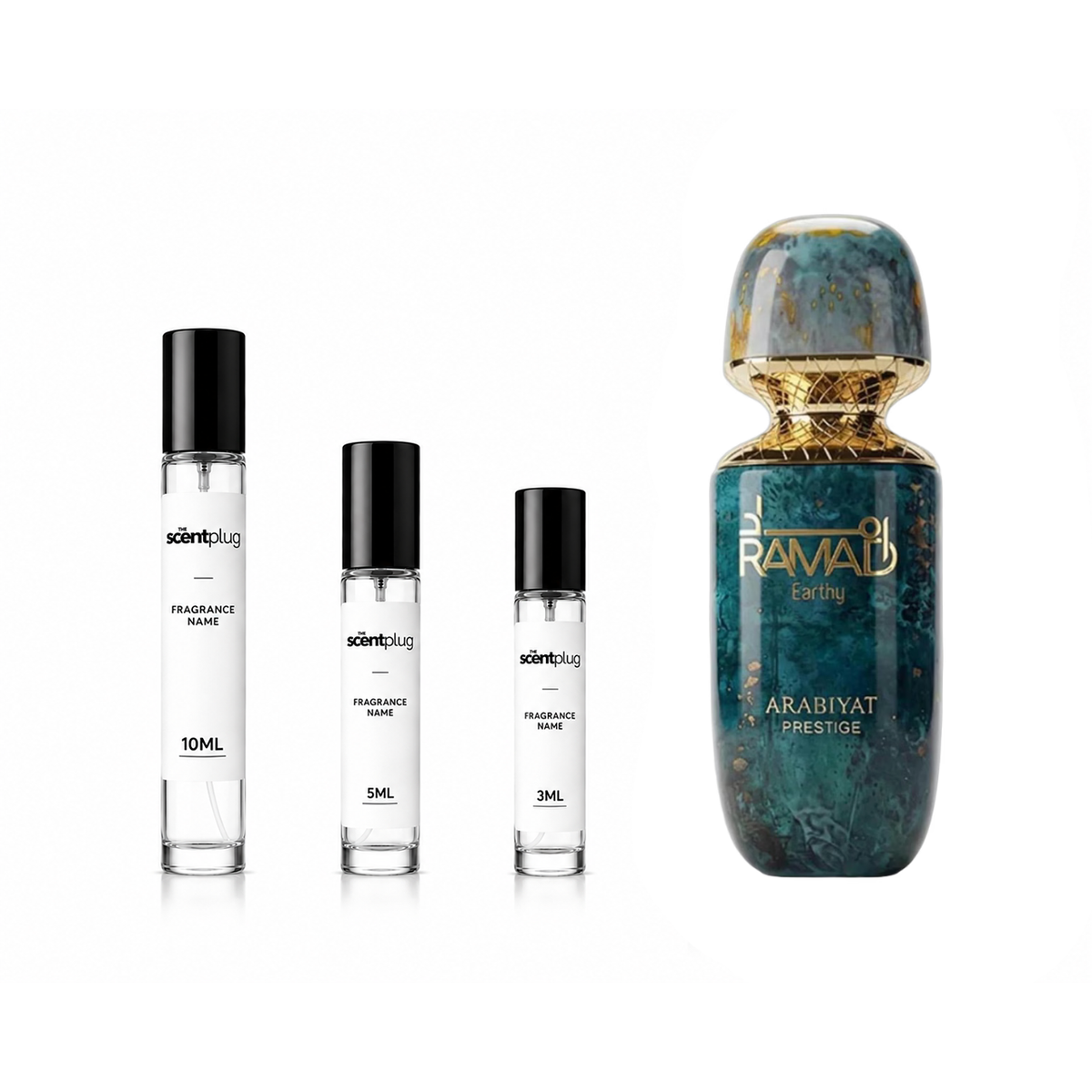 Ramad Earthy Arabiyat Prestige decant sample by The Scent Plug, featuring warm, rich earthy fragrance in a small spray bottle.