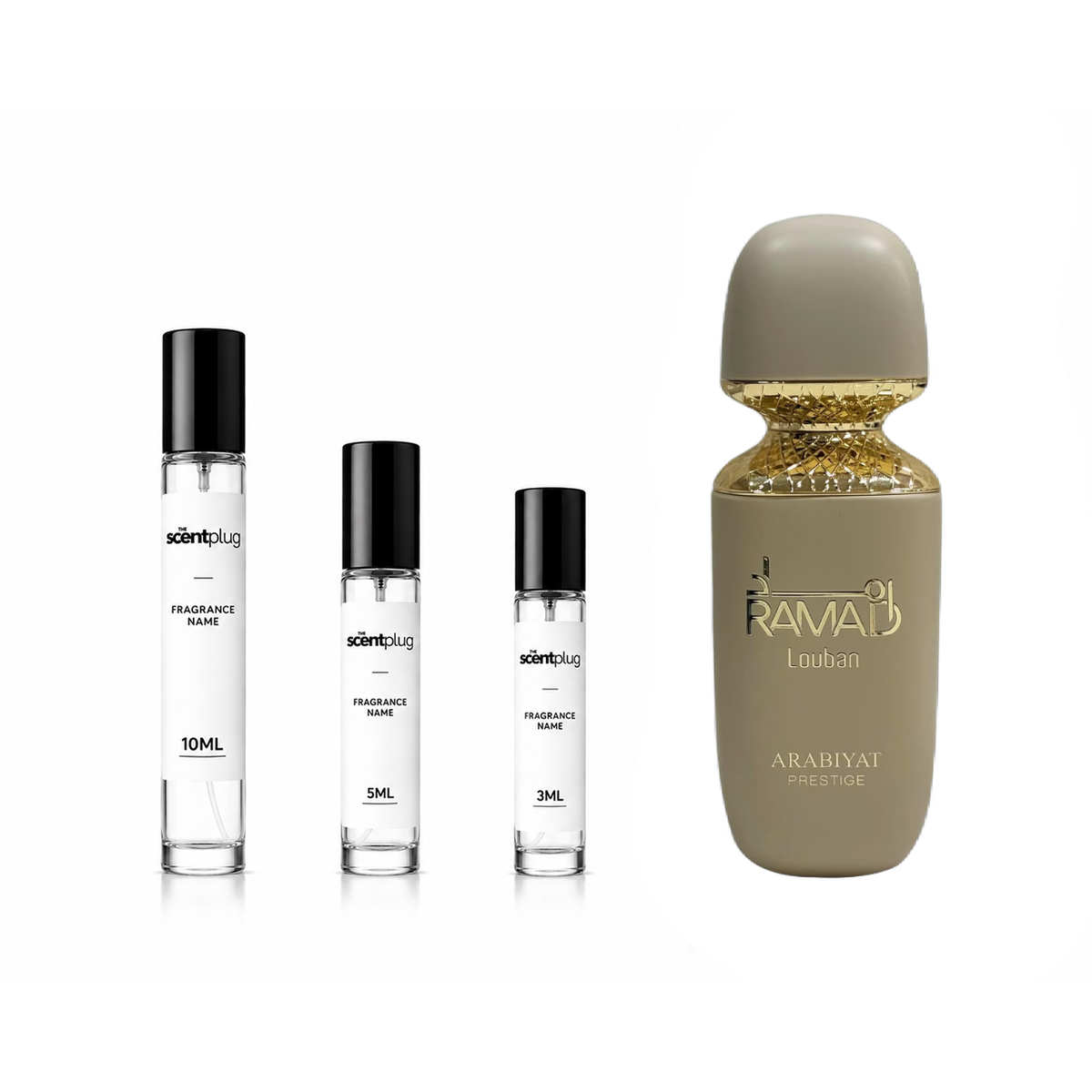 Sample of Ramad Louban Arabiyat Prestige decant by The Scent Plug, showcasing the elegant fragrance bottle and label.