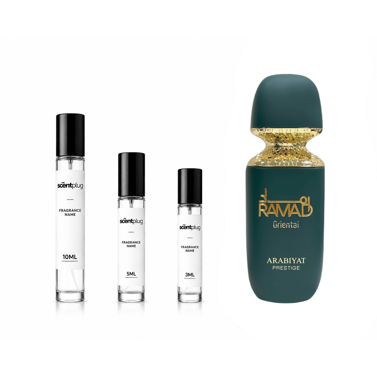 Sample of Ramad Oriental Arabiyat Prestige perfume decant by The Scent Plug, showcasing the elegant bottle design and label.