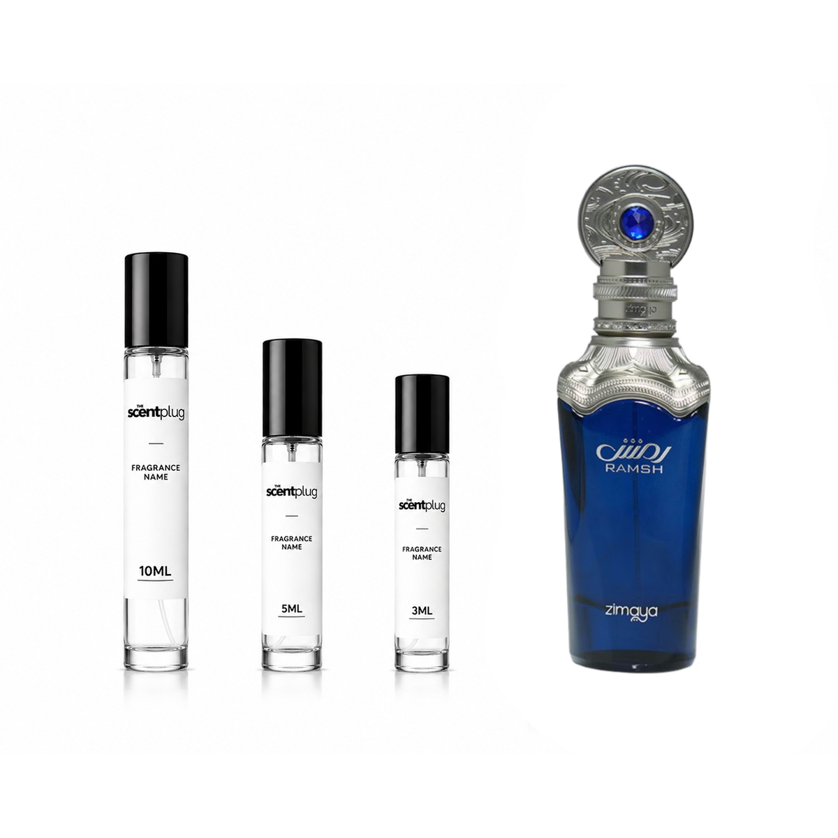 Ramsh Imperium Zimaya decant sample from The Scent Plug, showcasing the elegant perfume bottle with intricate design.