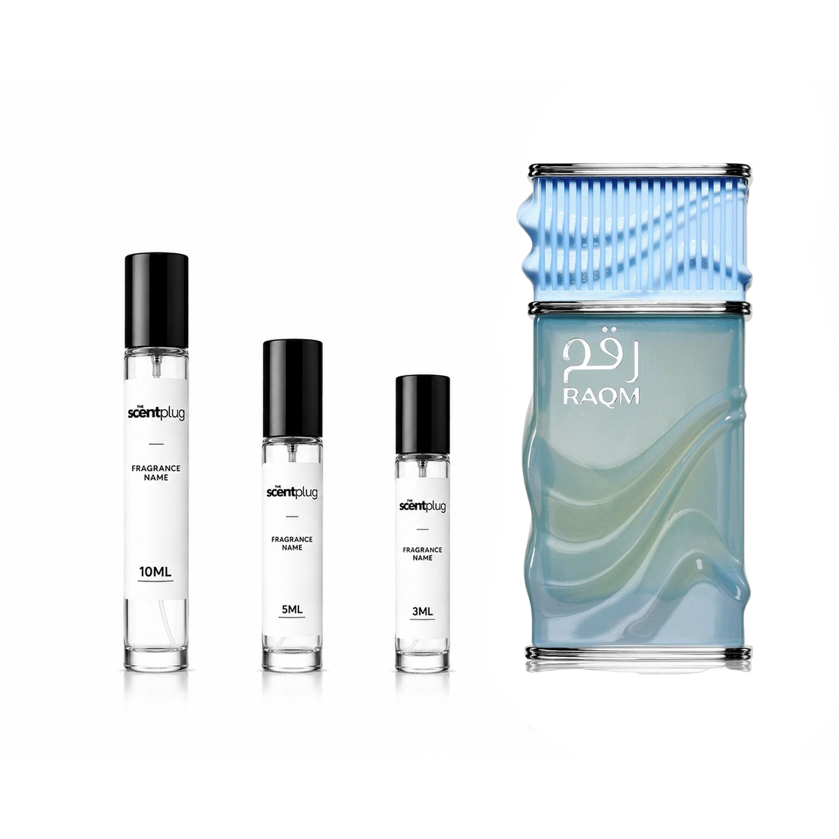 Sample Raqm Nusuk decant from The Scent Plug, showcasing a sleek glass container with a minimalist label.