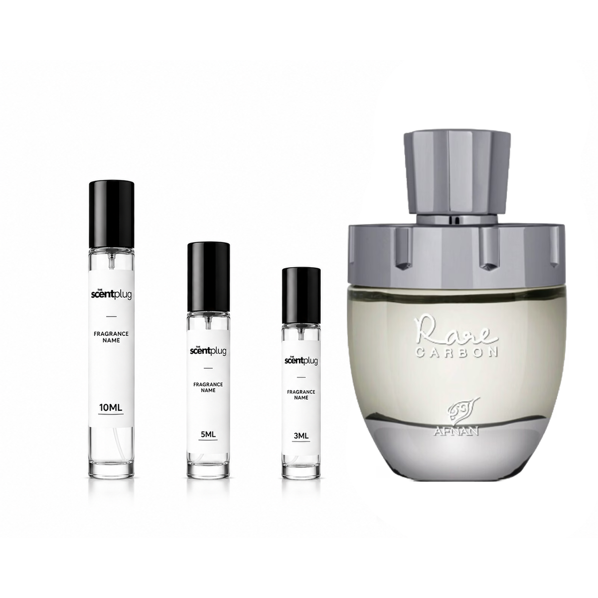 Rare Carbon Afnan decant sample by The Scent Plug, showcasing a sleek glass bottle with a modern design and dark fragrance liquid inside.