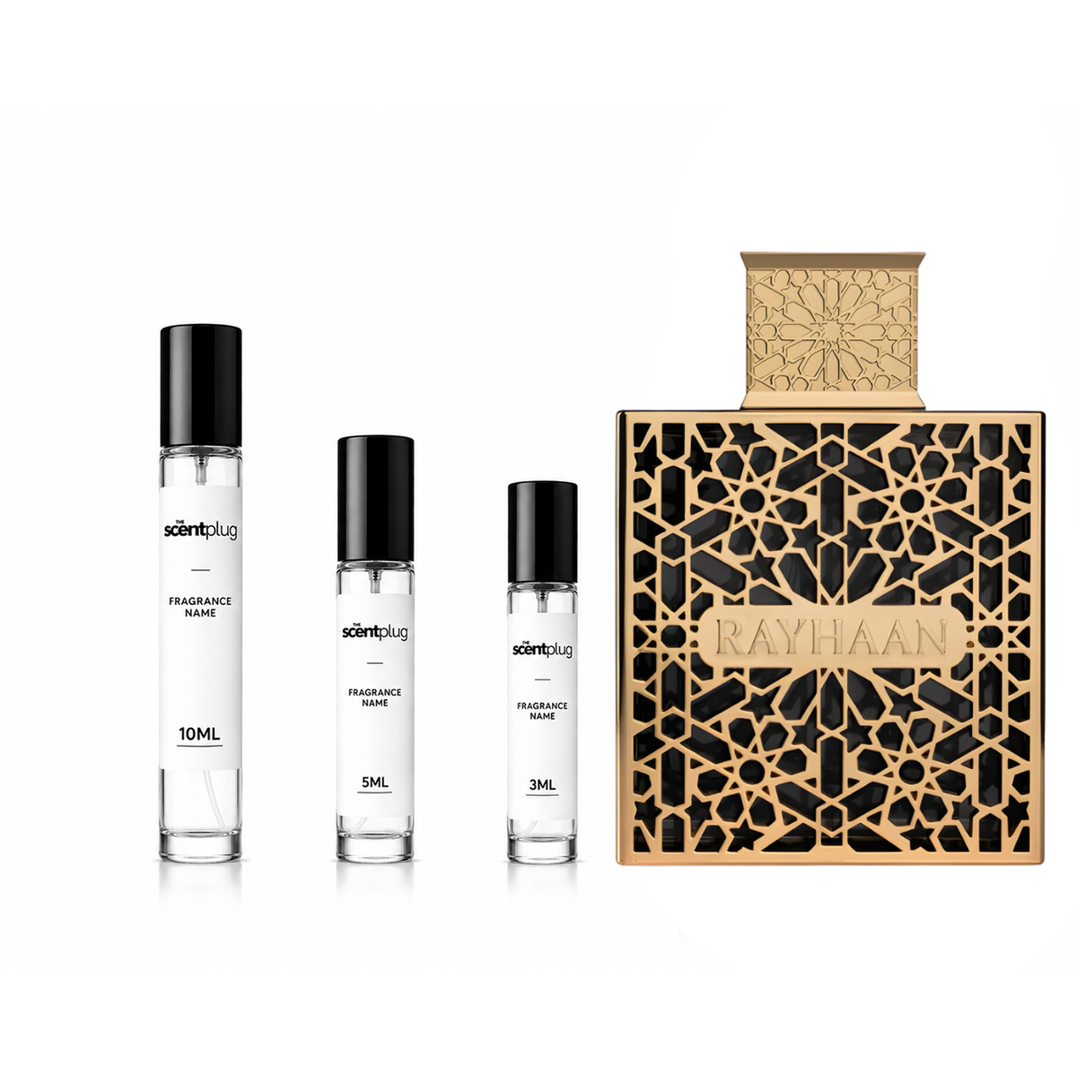 Sample of Rayhaan Elixir Rayhaan Decant by The Scent Plug, showing a small fragrance bottle with a clear liquid inside.