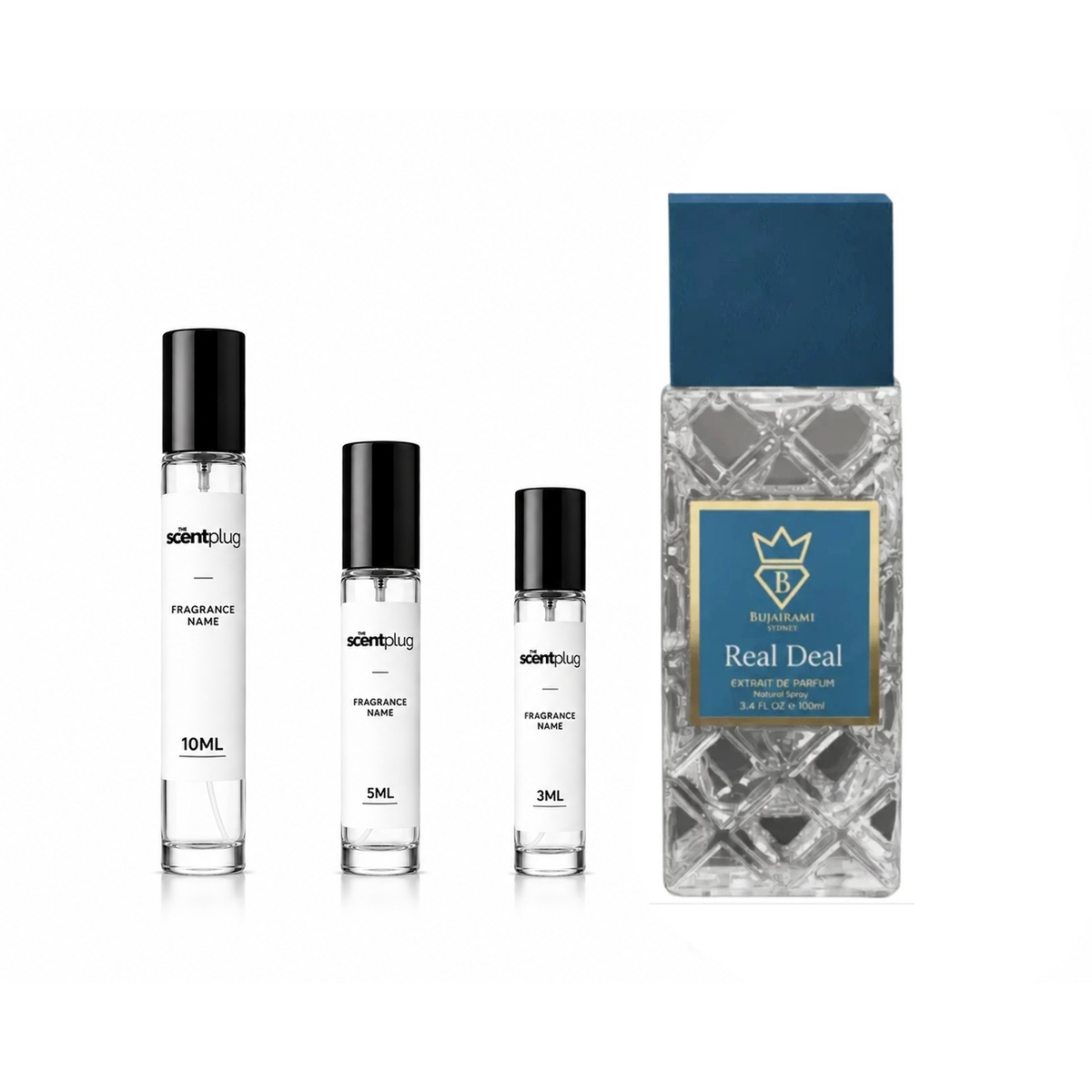 Sample of The Scent Plug Real Deal Bujairami decant bottle showcasing the fragrance label and packaging details.