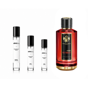 Red Tobacco Intense Mancera fragrance sample in a small decant bottle, showcasing the rich red-colored liquid.