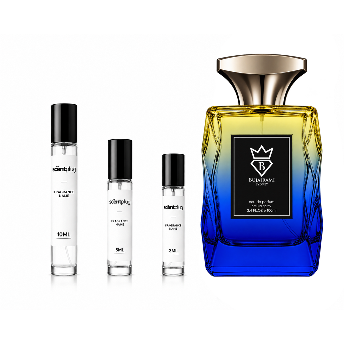 Resolution Bujairami Decant sample by The Scent Plug, featuring a clear glass container with a silver cap for fragrance sampling.