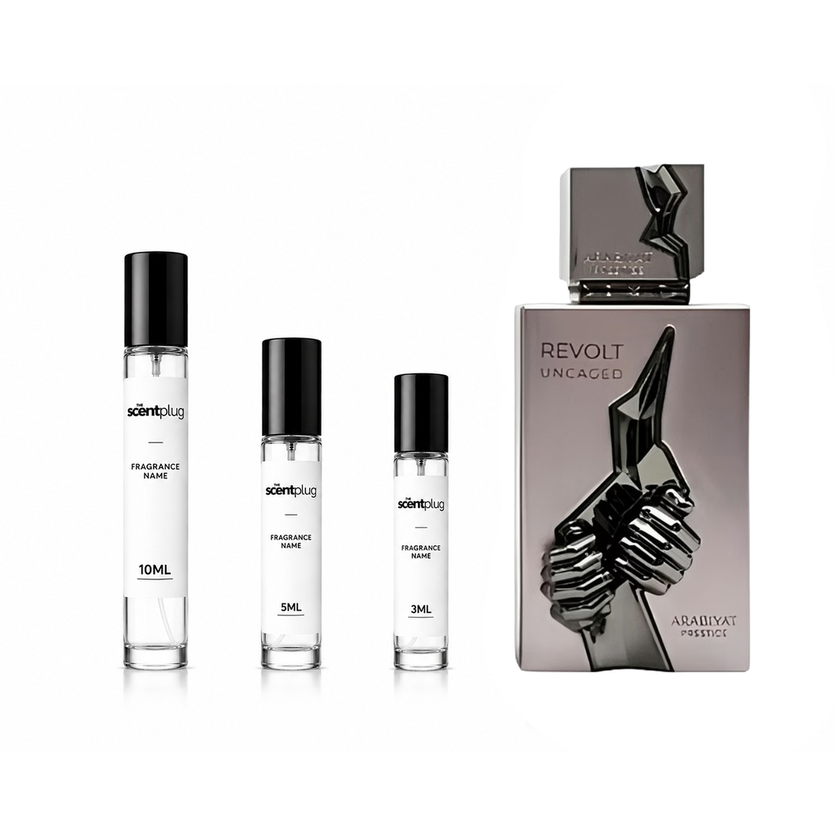 Revolt Uncaged Arabiyat Prestige decant sample bottle by The Scent Plug, showcasing elegant packaging and branding.