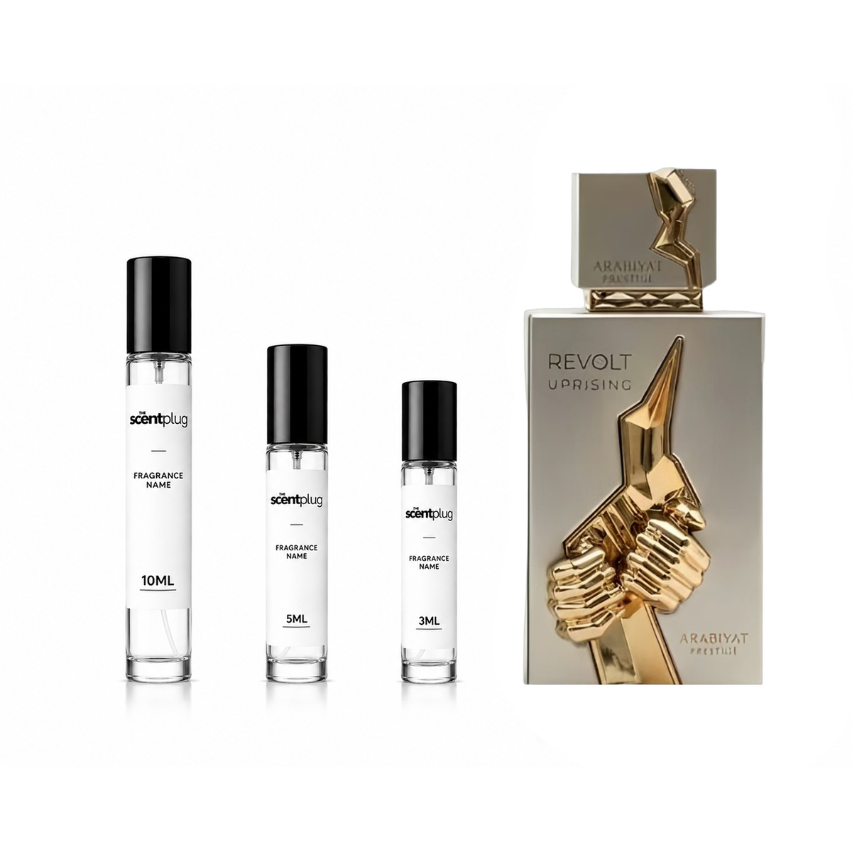 Revolt Uprising Arabiyat Prestige decant by The Scent Plug, showcasing a sleek bottle with elegant design.