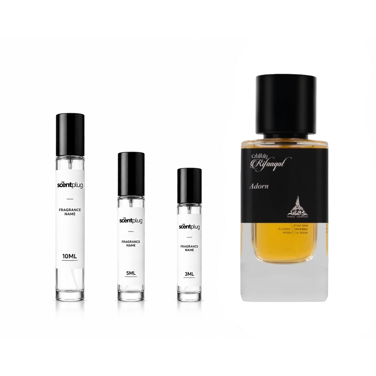Rifaaqat Adorn Paris Corner decant sample bottle from The Scent Plug, showcasing the elegant fragrance packaging and branding.