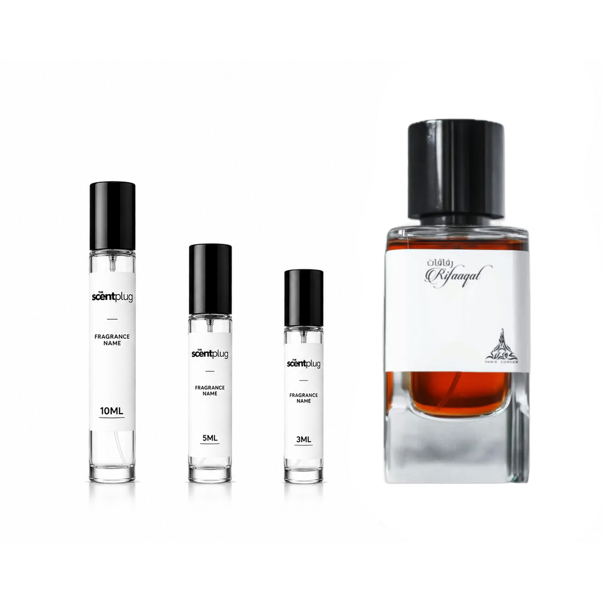 Rifaaqat Paris Corner Decant sample bottle by The Scent Plug, showcasing the elegant fragrance packaging and design.