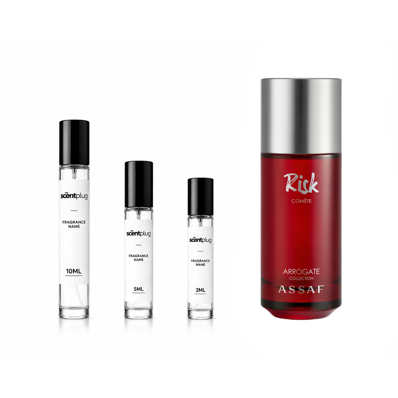 Sample of Risk Comete Assaf Decant by The Scent Plug, showcasing the fragrance bottle with a sleek design and label.