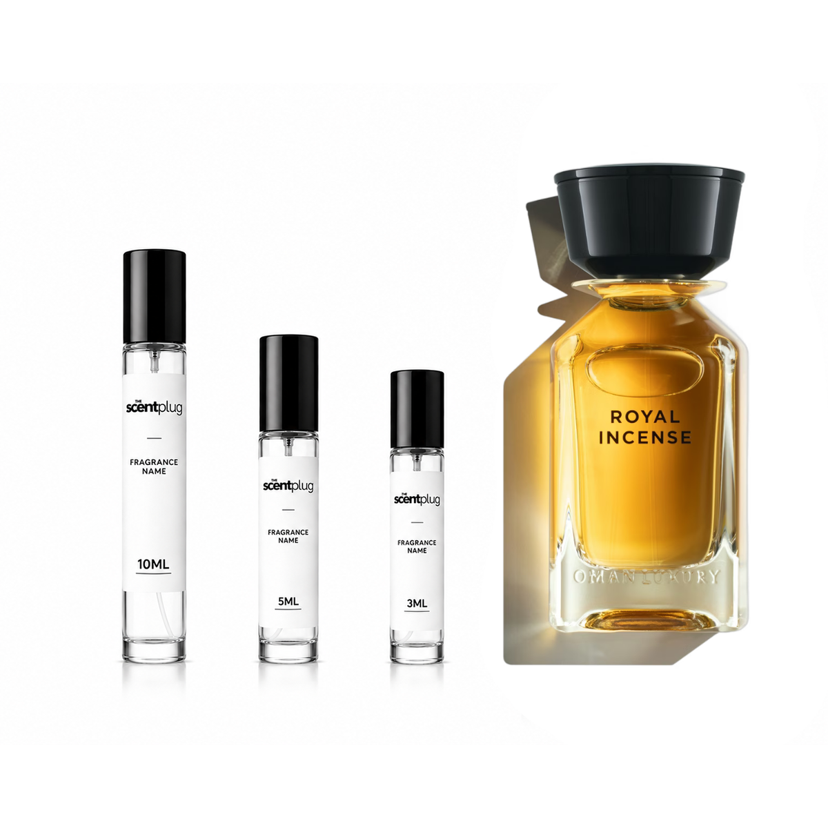 Royal Incense Omanluxury decant sample by The Scent Plug, featuring a small vial of rich, aromatic incense scent.