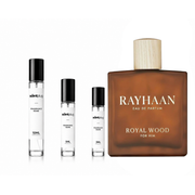Royal Wood Rayhaan fragrance decant sample by The Scent Plug, showcasing the elegant glass bottle and label design.
