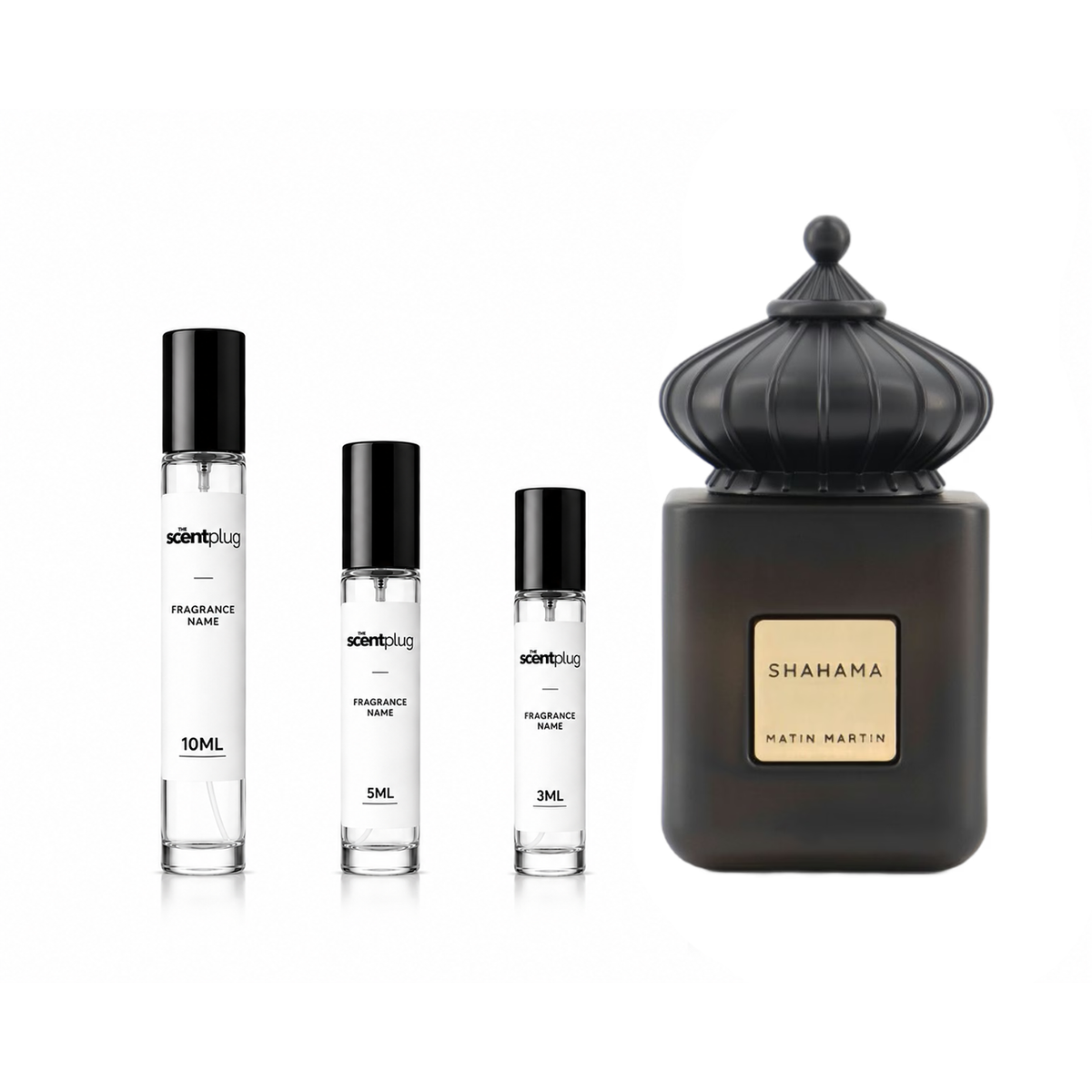 Sample of Shahama Eau de Parfum Matin Martin by The Scent Plug, showcasing the perfume bottle and elegant packaging.