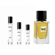 Sample of SHK I Armaf fragrance decant by The Scent Plug, showing a small, clear glass vial with a black cap and label.