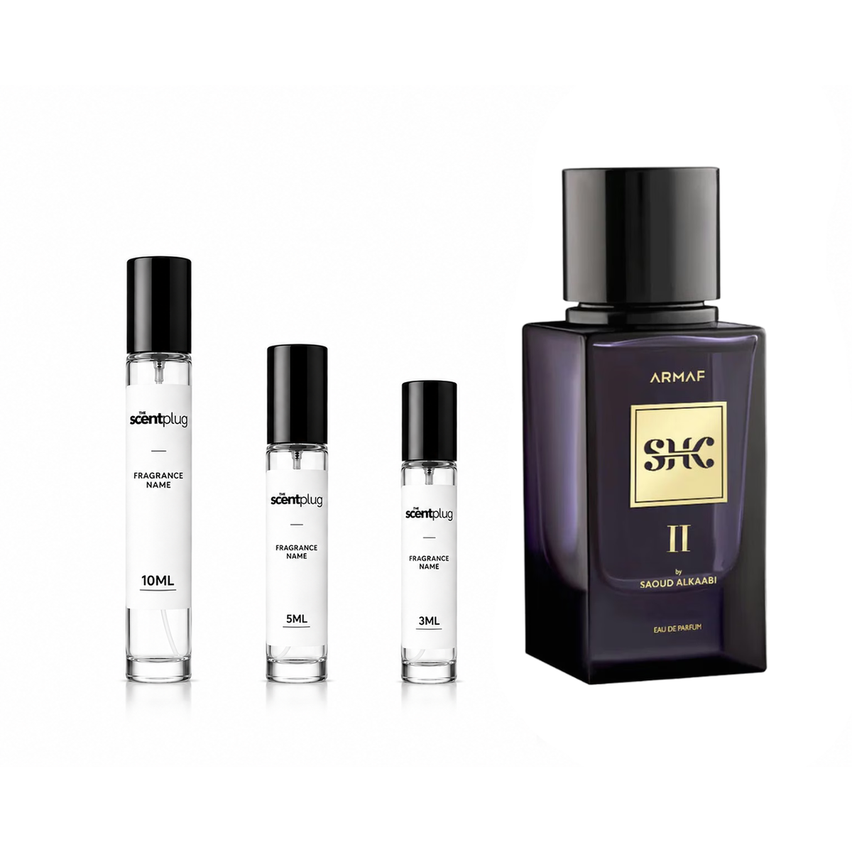 Sample of SHK II Armaf perfume decant by The Scent Plug, showcasing the small, clear bottle with fragrance label.