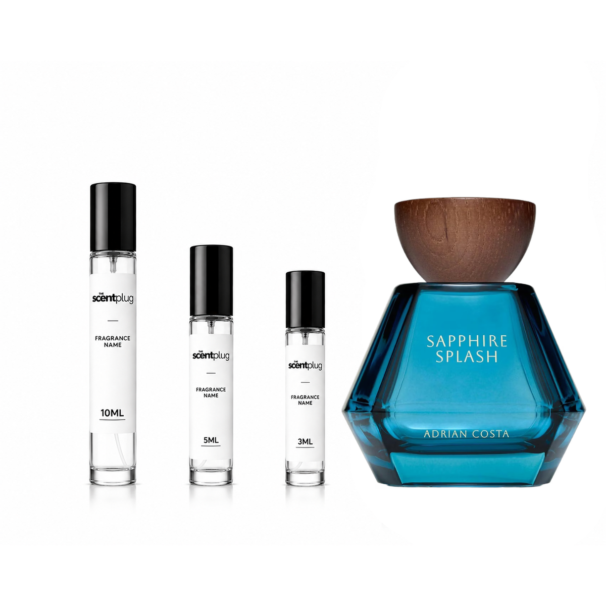 Sapphire Splash Adrian Costa decant sample bottle with blue liquid and clear packaging, showcasing a luxurious fragrance presentation.