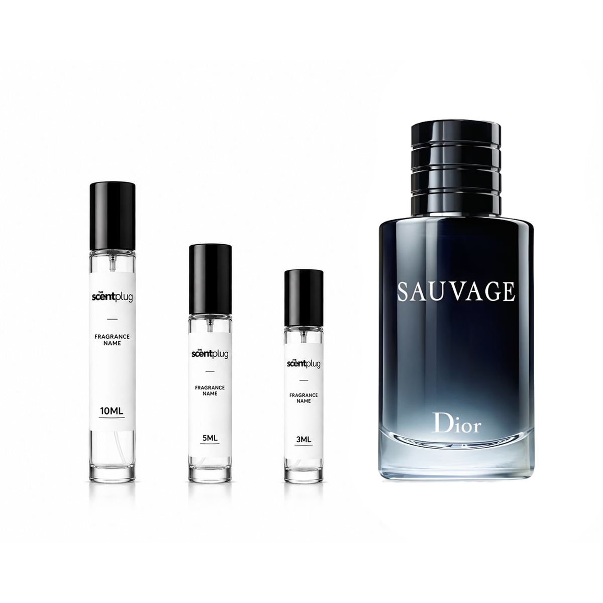 Sauvage Dior decant sample bottle from The Scent Plug, showcasing the fragrance's elegant packaging and design.