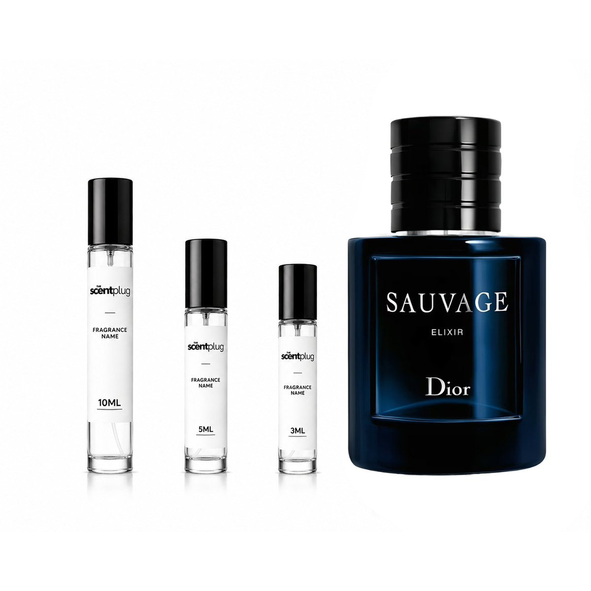 Sauvage Elixir Dior perfume decant sample bottle by The Scent Plug, featuring the fragrance's sleek design and branding.