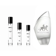 Sculpture Mykonos Eau de Parfum Fraiche by The Scent Plug, displayed in a sleek glass bottle with minimalist design.