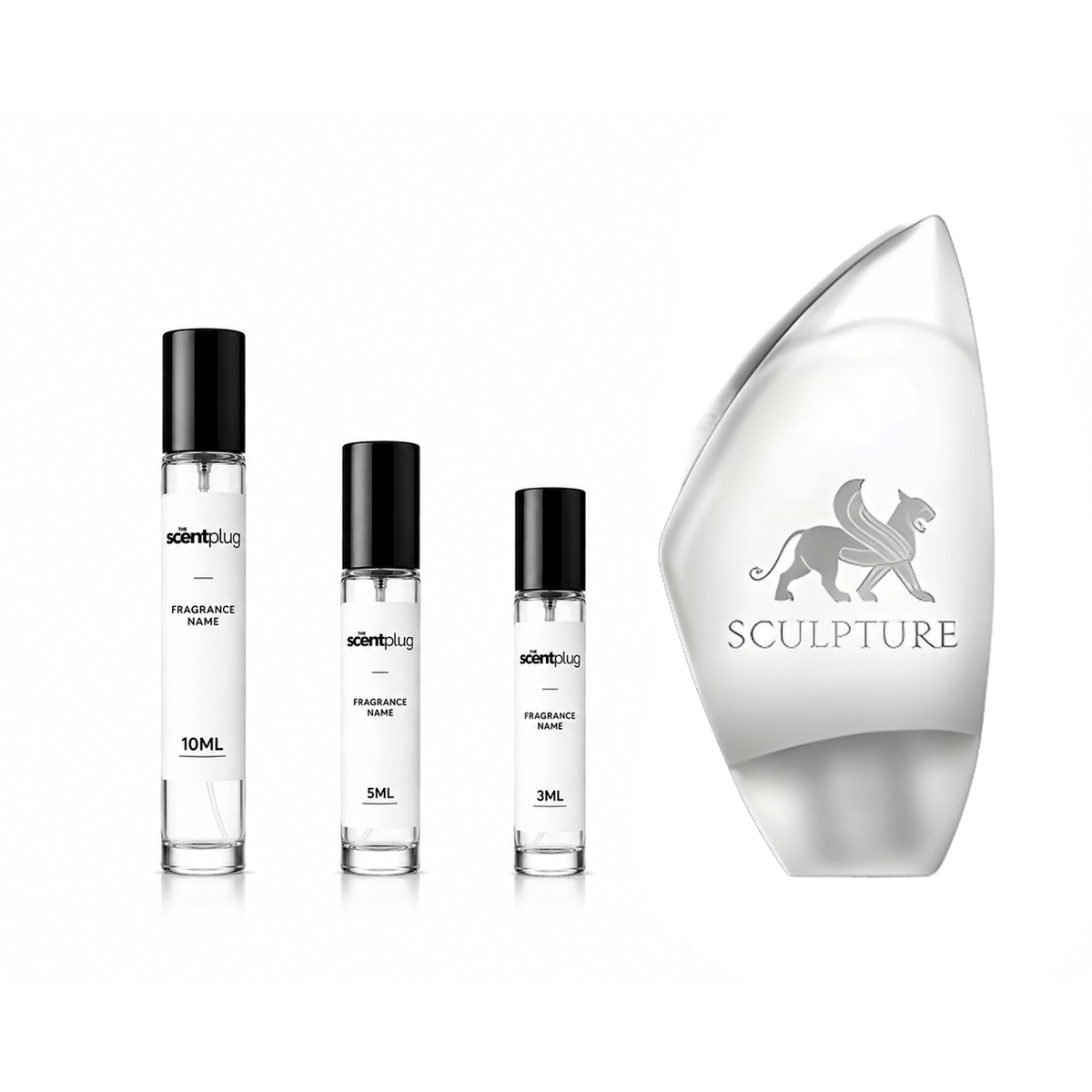 Sculpture Mykonos Eau de Parfum Fraiche by The Scent Plug, displayed in a sleek glass bottle with minimalist design.