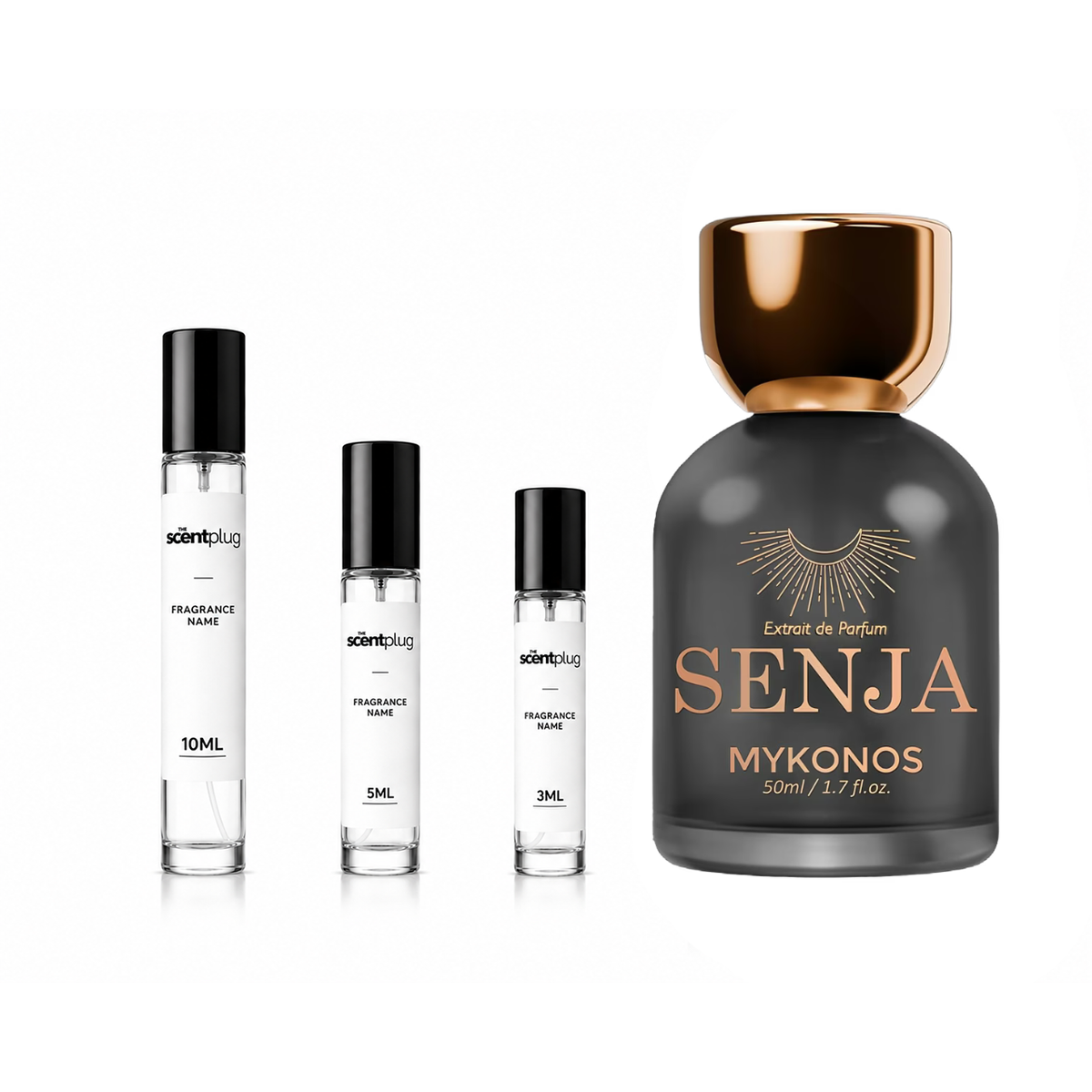 Senja Mykonos decant sample by The Scent Plug, featuring a clear glass bottle with a white cap and label for luxurious fragrance.