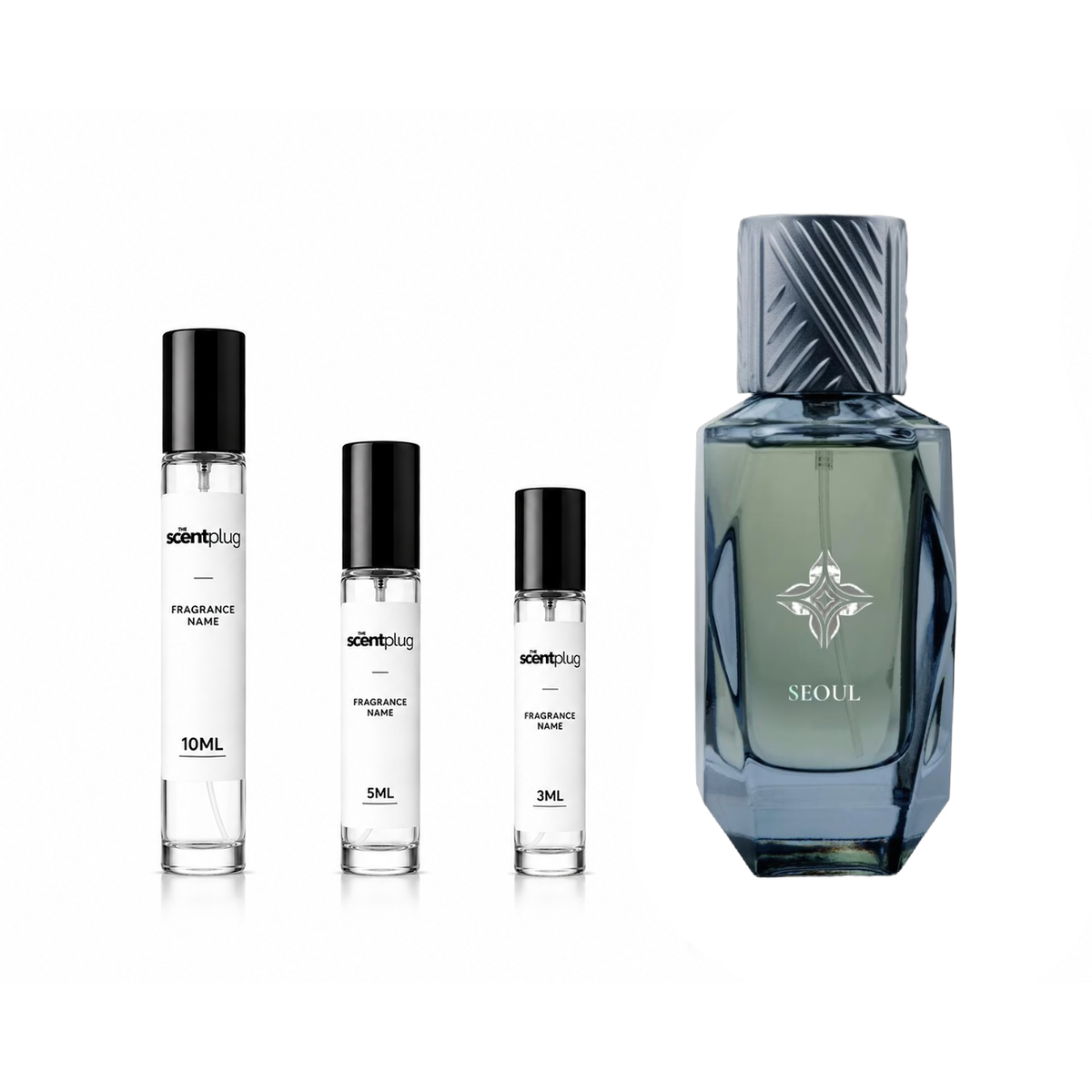 Seoul Mazaj Fragrances decant sample by The Scent Plug, showcasing a small vial with fragrance label and cap on a neutral background.